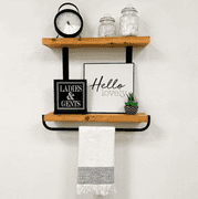 Bid x 9 NEW IN BOX S-2TR24L-TB - Rustic Industrial 24inch Light Wood 2-tier Floating Shelf with Towel Bar