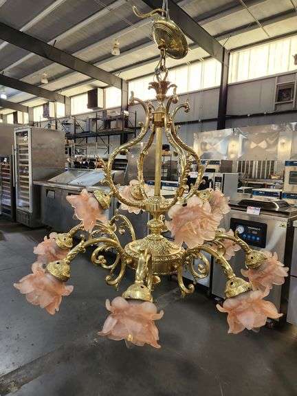 HEAVY BRASS CHANDELIER with ROSE-TINTED GLASS SHADES