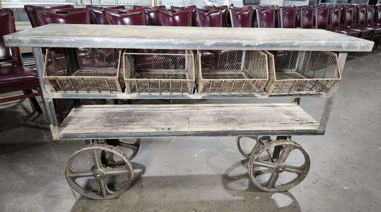 Vintage Industrial Railroad-Style Cart w/ Steel Wheels + Storage Baskets – 61.5" x 18" x 26"