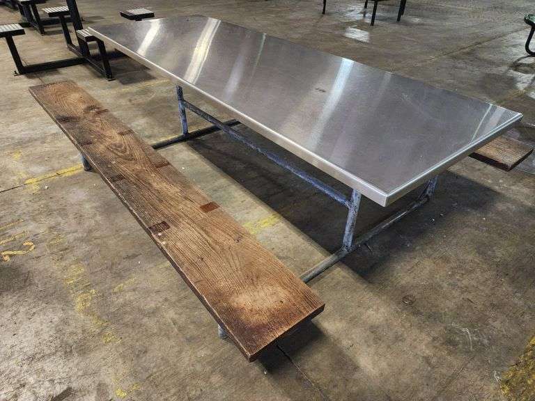 96" long Stainless Top Wood Seats Picnic Table