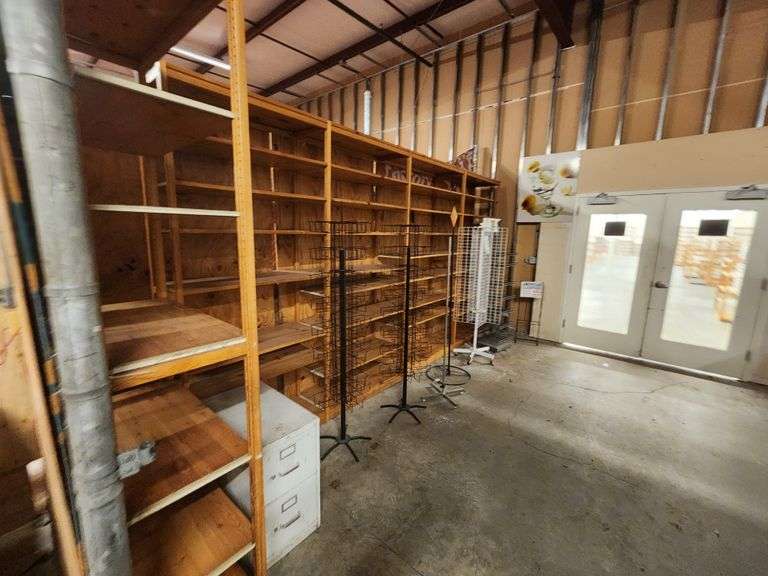 All Shelving, Fixtires, Displays and File Cabinet in Storage Area Factory Outlet Store