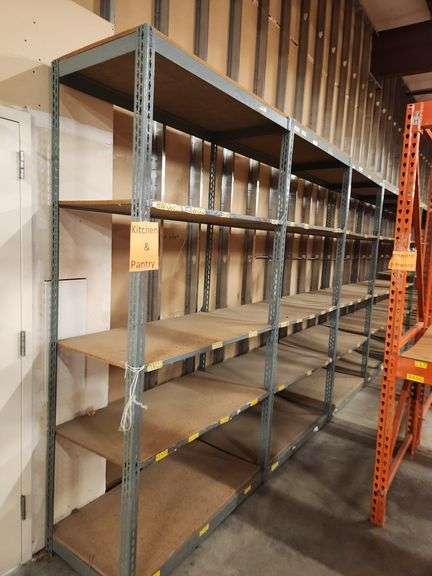 Metal Frame Shelving Strip – 9 Bay Run – 48"W x 24"D x 96"H – Buyer Responsible for Removal