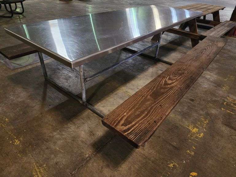 96" long Stainless Top Wood Seats Picnic Table