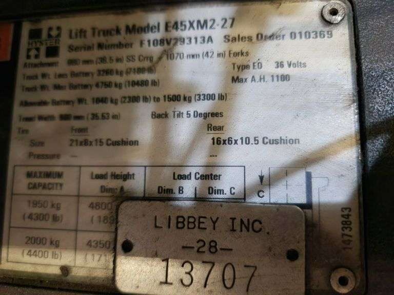 HYSTER 4,500 lb Electric Forklift – Model E45XM2-27 – 189" Lift Height – NO BATTERY