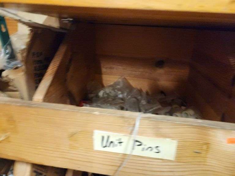 Wooden Hardware Shelf w/ Assorted Contents – Screws, Brackets, Pins, and More – Located in Factory Outlet