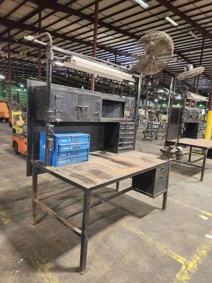 Heavy-Duty Steel Work Table w/ Vice, Overhead Light & Fan – 74" x 45" x 108" Tall