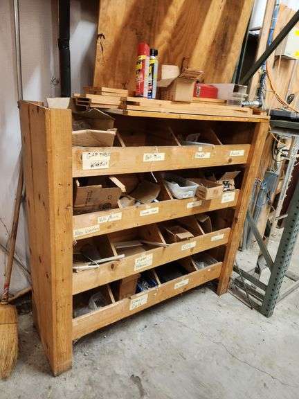 Wooden Hardware Shelf w/ Assorted Contents – Screws, Brackets, Pins, and More – Located in Factory Outlet