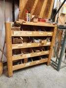 Wooden Hardware Shelf w/ Assorted Contents – Screws, Brackets, Pins, and More – Located in Factory Outlet