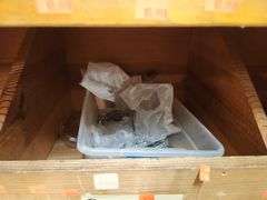 Wooden Hardware Shelf w/ Assorted Contents – Screws, Brackets, Pins, and More – Located in Factory Outlet