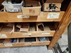 Wooden Hardware Shelf w/ Assorted Contents – Screws, Brackets, Pins, and More – Located in Factory Outlet