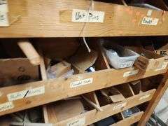 Wooden Hardware Shelf w/ Assorted Contents – Screws, Brackets, Pins, and More – Located in Factory Outlet