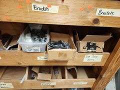 Wooden Hardware Shelf w/ Assorted Contents – Screws, Brackets, Pins, and More – Located in Factory Outlet