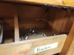 Wooden Hardware Shelf w/ Assorted Contents – Screws, Brackets, Pins, and More – Located in Factory Outlet
