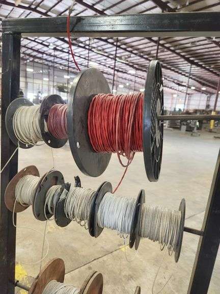 Bulk Lot – Industrial Wire & Cable Spools on Rack – Assorted Gauges