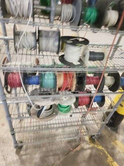 Bulk Lot – Industrial Wire & Cable Spools on Rack – Assorted Gauges