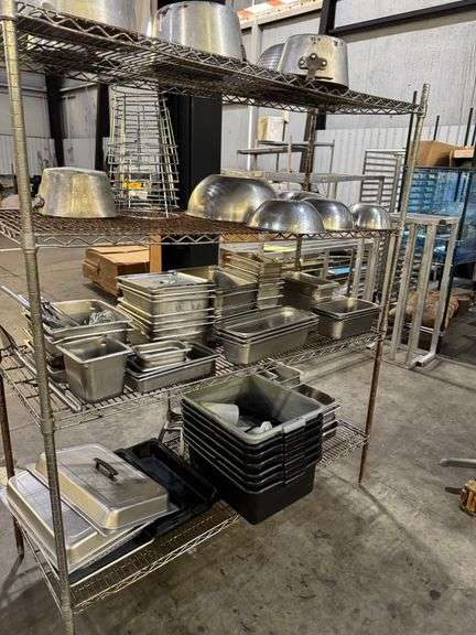 Rack with Contents- Stainless Bowls, Pans and More