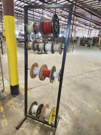 Bulk Lot – Industrial Wire & Cable Spools on Rack – Assorted Gauges
