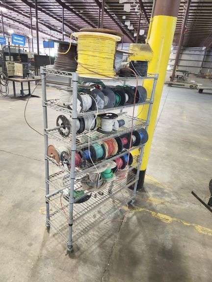 Bulk Lot – Industrial Wire & Cable Spools on Rack – Assorted Gauges