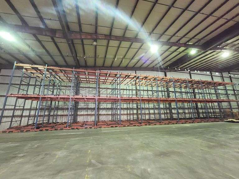 High-Capacity Push-Back Pallet Racking System – 12 Bays 106' – Dual-Level Floor/Pit Mount – Sliding Tray Design