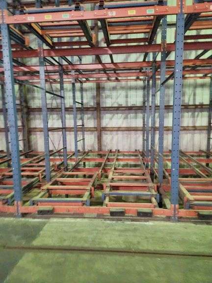 High-Capacity Push-Back Pallet Racking System – 12 Bays 106' – Dual-Level Floor/Pit Mount – Sliding Tray Design