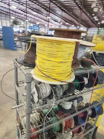 Bulk Lot – Industrial Wire & Cable Spools on Rack – Assorted Gauges