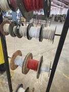 Bulk Lot – Industrial Wire & Cable Spools on Rack – Assorted Gauges
