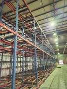 High-Capacity Push-Back Pallet Racking System – 12 Bays 106' – Dual-Level Floor/Pit Mount – Sliding Tray Design