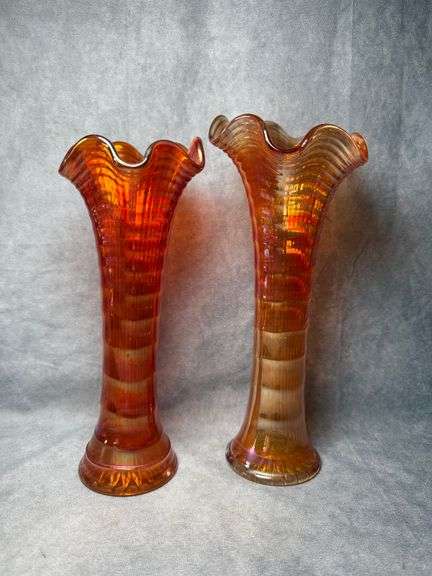 Pair of orange carnival glass vases