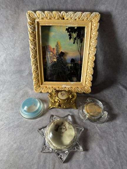 Framed silhouette, glass paperweights