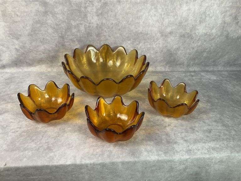 Blenko style amber glass lotus petal bowls