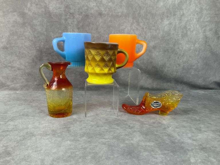 Fire King mugs and Kanawha glass pitcher and shoe