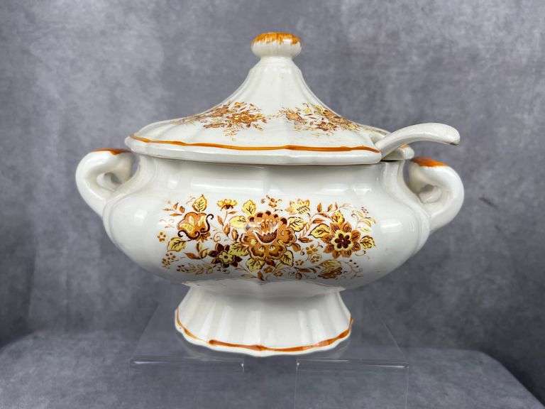 Porcelain soup tureen with orange and brown floral pattern