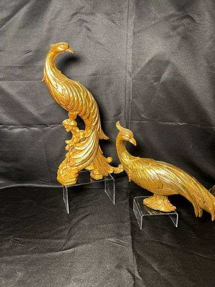 Brass lamp and brass toned plastic peacock decor
