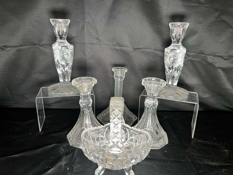 Crystal and pressed glass candle holders and basket