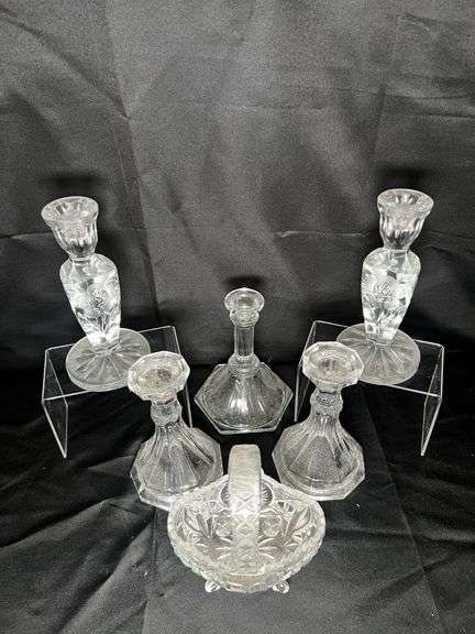 Crystal and pressed glass candle holders and basket