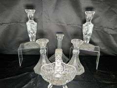 Crystal and pressed glass candle holders and basket