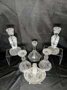 Crystal and pressed glass candle holders and basket