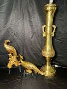 Brass lamp and brass toned plastic peacock decor