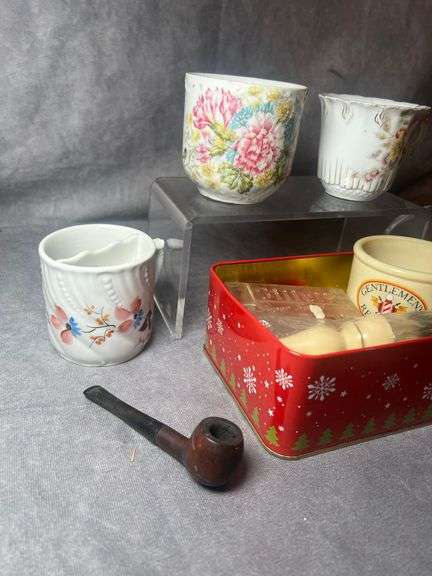 Mustache mugs, small tobacco pipe and more