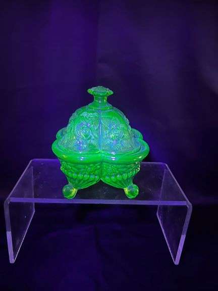 Uranium candy dish Ruby Red hurricane glass candle holder, small blown amber pitchers