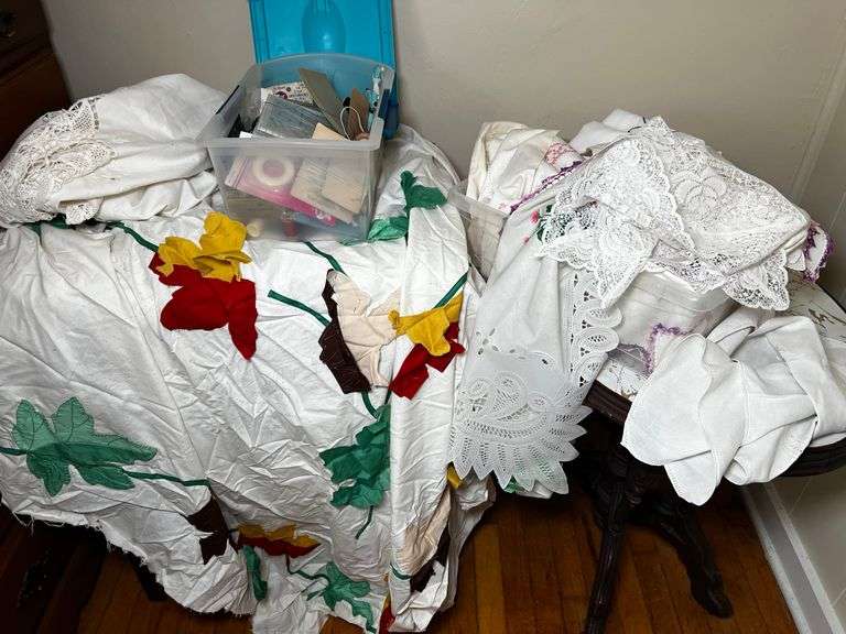 Assorted vintage embroidered linens and more