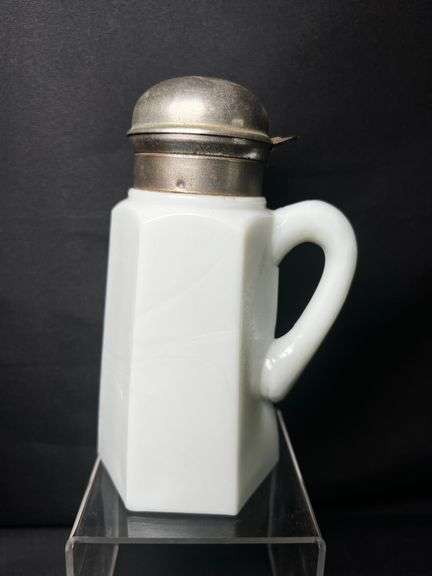 Antique slag glass 6 sided syrup pitcher with snap metal lid