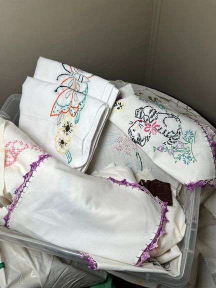 Assorted vintage embroidered linens and more