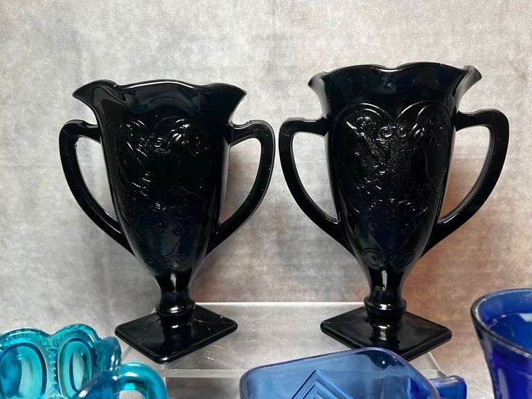 L.E. Smith black amethyst loving cup vases, blue moon and stars and cobalt set