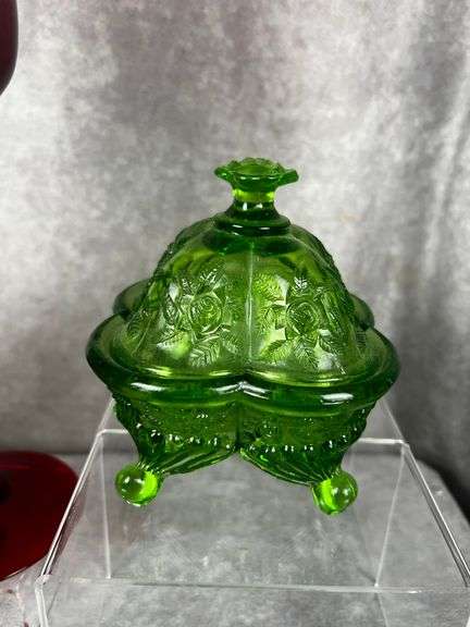 Uranium candy dish Ruby Red hurricane glass candle holder, small blown amber pitchers