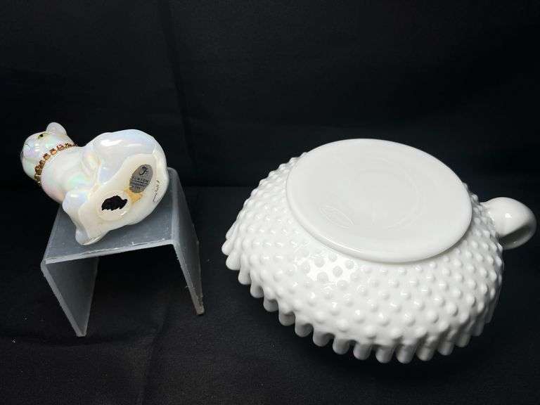 Signed Fenton cat and Fenton milk glass candy dish