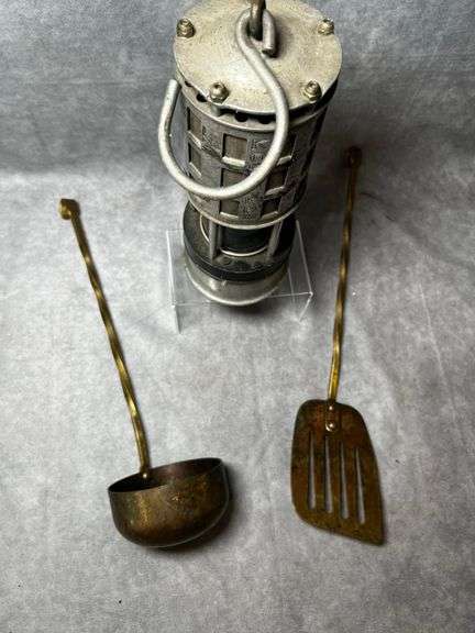 Koehler lantern and vintage brass kitchen utensils