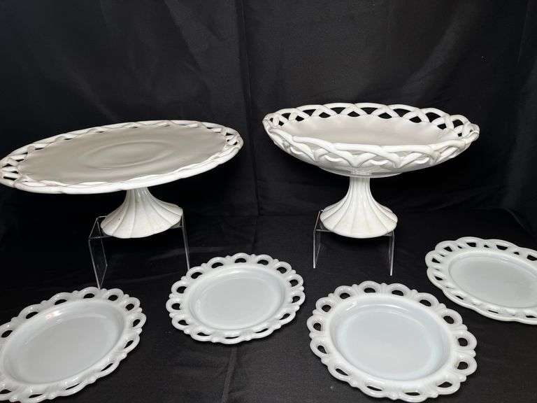 Milk glass cake plate, fruit bowl and small dessert plates
