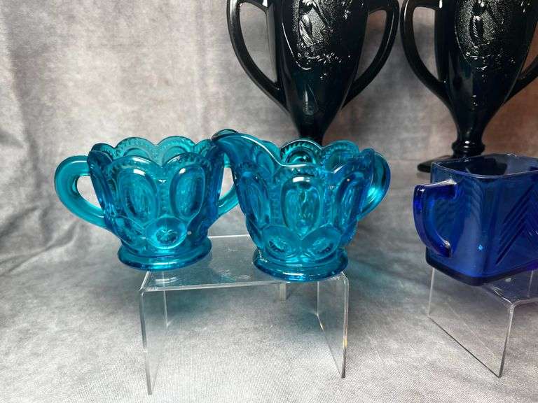 L.E. Smith black amethyst loving cup vases, blue moon and stars and cobalt set