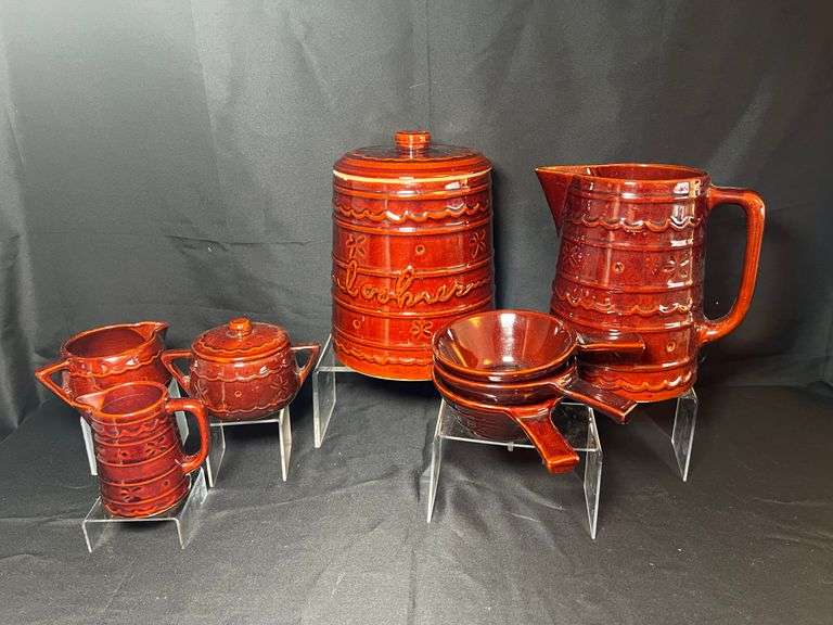 Vintage brown stone pitcher, cookie jar and more